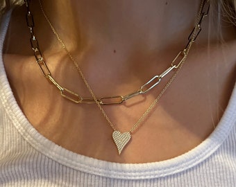 Pave diamond heart small size - 1cm - necklace , cz elongated heart necklace 14k-white or gold vermeil- 16-18 in• baby heart -one necklace