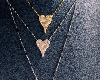 Large Pave diamond heart necklace , Heart necklace - Pave Elongated Heart Pendant - Diamond Heart Shape 3/4 inch one• heart necklace