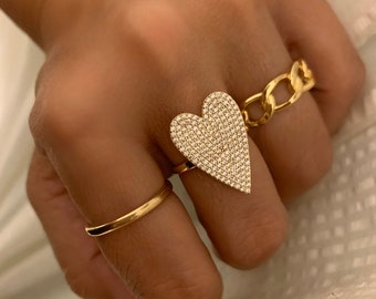 PAVE CZ heart ring , statement minimalist gold HEART pave ring . Over  sterling silver - Diamond Look • size 7 or 8 gold