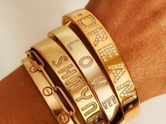 14k Nameplate cuff bangle- personalized - Birthdate -name bracelet  -Initials Bracelet 14k gold - birthday -diamond - personalized letters