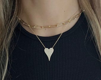 Pave CZ Heart Necklace: 14k Gold Over Sterling Silver, 16-18 Inch Chain