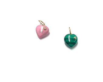 Green and diamond malachite heart • 12mm  green diamond , diamond malachite charm  disc with diamond  • One Charm• green heart- 14k