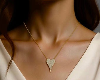 14k Gold Pave Diamond Heart Necklace - Sterling Silver Chain (16-18 inch)