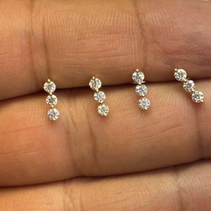 Diamond Earrings -14k Gold -3 Stone Diamond  Earrings -14k Gold Diamond Studs-Dainty Diamond blogger Minimalist piercing- one earring