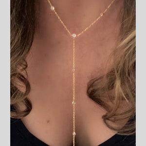 Diamond Cz long lariat Y necklace  - beach jewelry - Gorgeous 14k over sterling dripping chain Y necklace - cz by the yard