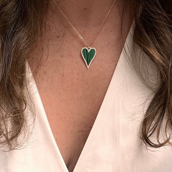 Green emerald cubic heart small size  necklace -paper clip heart necklace 14k over sterling- 16-18 in• Gold Diamond Heart Pendant Necklace