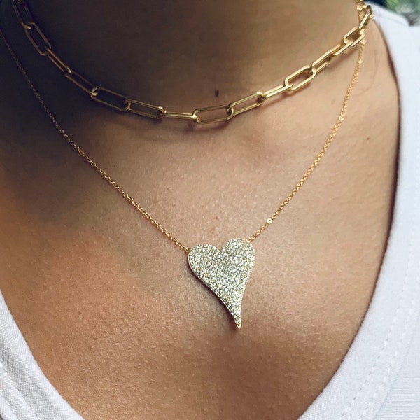 XL Pave diamond heart and link chain combo • diamond heart necklace - 14k over sterling silver. Gift for her - anniversary