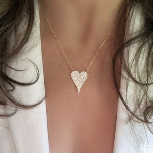 Pave diamond heart necklace - elongated heart necklace > 14k gold -diamond heart - silver 16-18 inch • Big HEART only • ships fast
