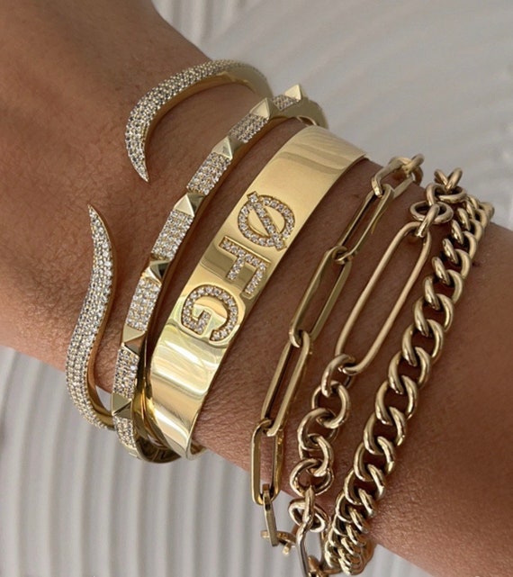 Diamond Nameplate Cuff Bangle Personalized Birthdate Name Bracelet 14k initials Bracelet 14k Gold Over 925 Etsy Canada
