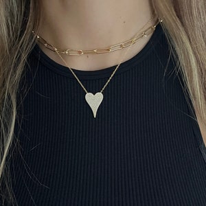 Large sized Pave heart necklace , cz elongated heart necklace 14k over sterling silver. 16 -18 chain •best Seller 3/4 inch •one heart only•