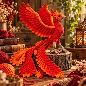 Könnte beinhalten: Eine gehäkelte Phönix-Figur aus leuchtend rotem und orangefarbenem Garn mit großen ausgebreiteten Flügeln, einem langen Feder-Schwanz und strukturierten beigen Beinen mit Krallen. Der Vogel hat ein kleines schwarzes Auge und einen hellen Schnabel.