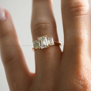 Lab Grown Diamond Emerald Cut Three Stone Engagement Ring, Trilogy Ring, Solid Gold Anniversary Gift, Push Present For Women, Gift For Her