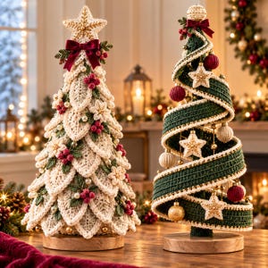 May include: Two decorative tabletop Christmas trees. The left tree is cream-colored with layered crochet leaves, red berries, and a star topper. The right tree is a green spiral crochet ribbon design with gold and red ornaments and stars.