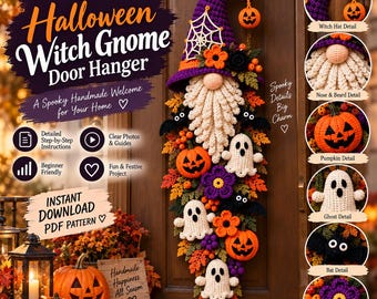 Halloween Witch Gnome Door Hanger Crochet Pattern PDF, Intermediate Halloween Wreath, Ghost Pumpkin Witch Crochet Decor