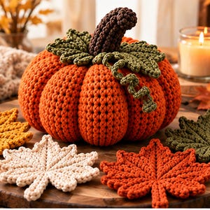 May include: A crocheted orange pumpkin with a dark brown stem and green leaves, accompanied by several crocheted leaf-shaped coasters in cream, orange, yellow, and olive green colors, all featuring a textured, knotted yarn construction.