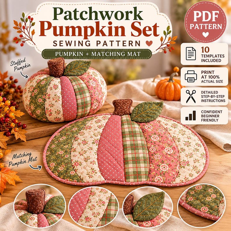 Patchwork pumpa sömnadsmönster PDF, tygpumpamönster, quiltad pumpamatta, höstsömnadsmönster, höstdekorationer för Thanksgiving bild 1