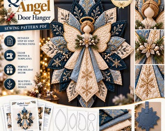 Dörrhängare med vinterängel, sömnadsmönster i PDF-format, quiltad julängel med lager av kronblad och vingar för juldekorationer