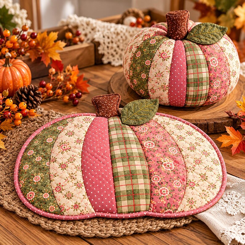Patchwork pumpa sömnadsmönster PDF, tygpumpamönster, quiltad pumpamatta, höstsömnadsmönster, höstdekorationer för Thanksgiving bild 6