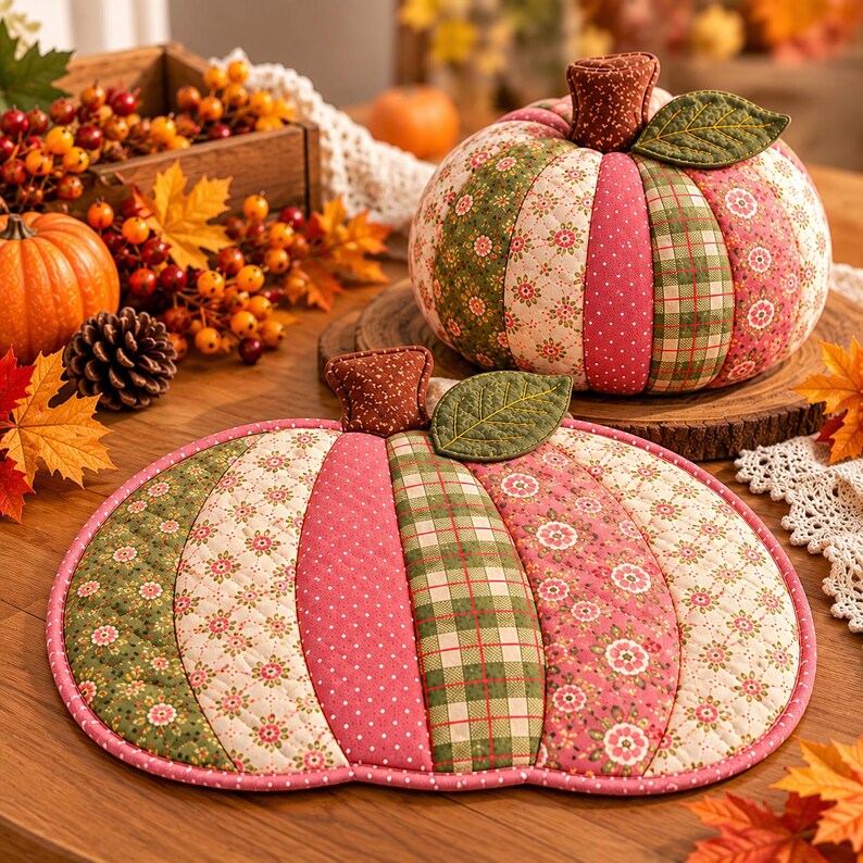 Patchwork pumpa sömnadsmönster PDF, tygpumpamönster, quiltad pumpamatta, höstsömnadsmönster, höstdekorationer för Thanksgiving bild 2