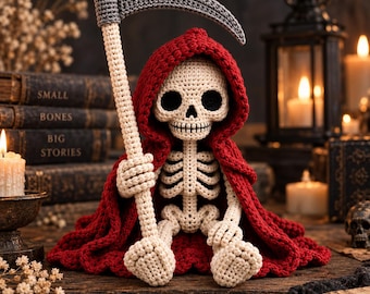 Avancerat virkmönster för Crimson Reaper, sittande skelett-amigurumi (PDF)