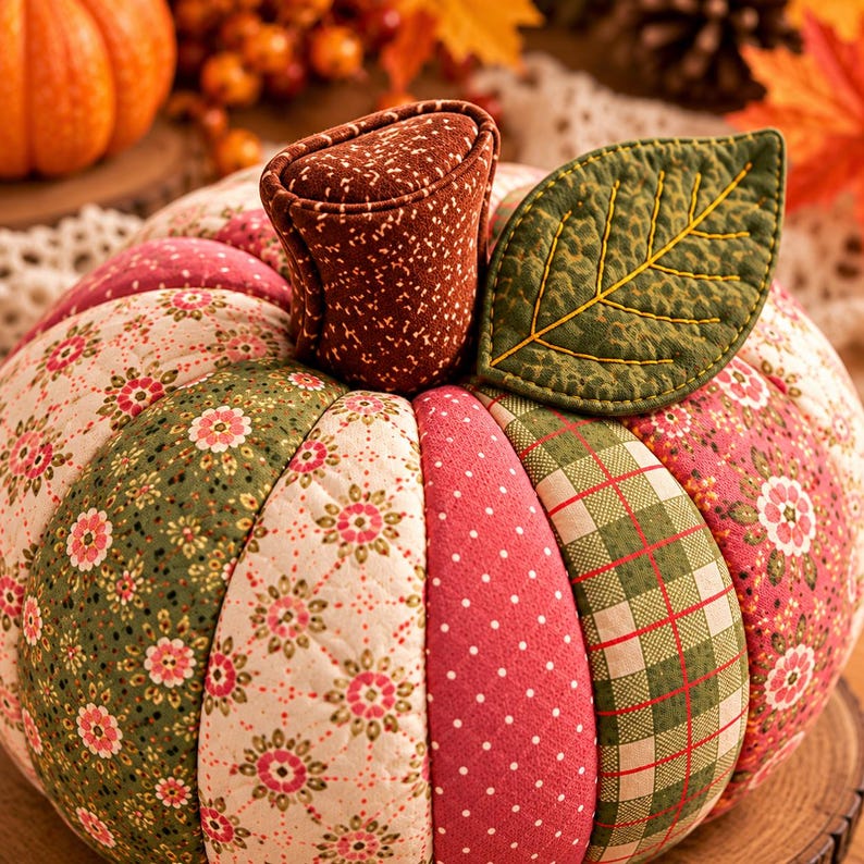 Patchwork pumpa sömnadsmönster PDF, tygpumpamönster, quiltad pumpamatta, höstsömnadsmönster, höstdekorationer för Thanksgiving bild 3
