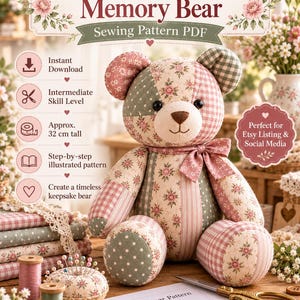 Patrón de costura en PDF para osito de peluche conmemorativo, osito de peluche de patchwork con tela floral y de cuadros para regalo de recuerdo.