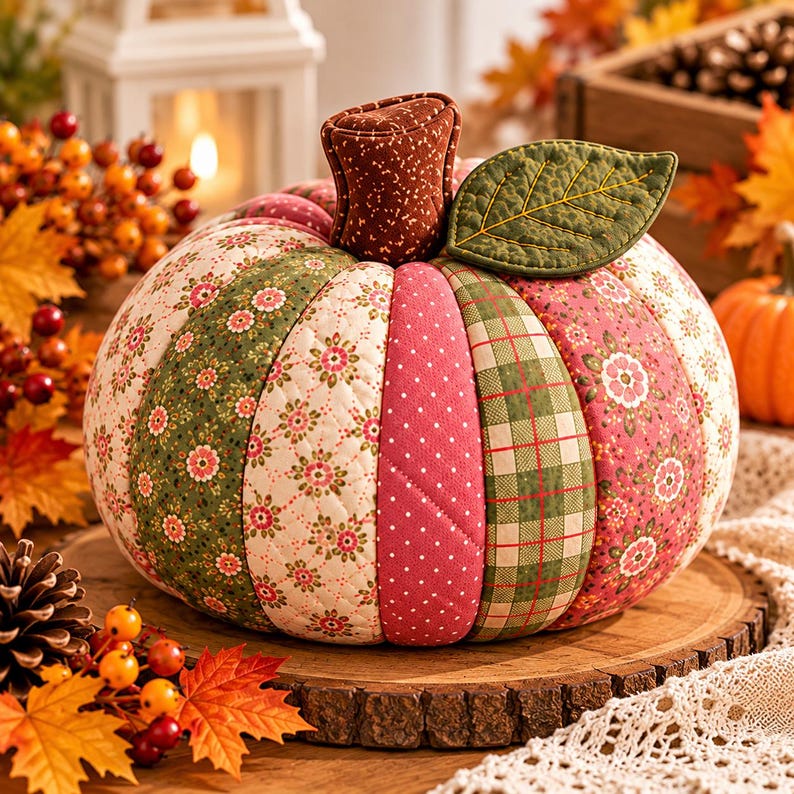 Patchwork pumpa sömnadsmönster PDF, tygpumpamönster, quiltad pumpamatta, höstsömnadsmönster, höstdekorationer för Thanksgiving bild 5