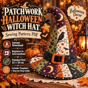 Puede incluir: Un patrón de costura PDF de sombrero de bruja de Halloween en patchwork, con un sombrero acolchado curvo con paneles de tela naranja, negro y verde decorados con lunas, estrellas, murciélagos y un cuervo. El texto dice Patchwork Halloween Witch Hat, Sewing Pattern PDF, Instant Download, Beginner to Intermediate, Finished Size: 25 x 29 cm, Includes Templates + Step-by-Step Guide.