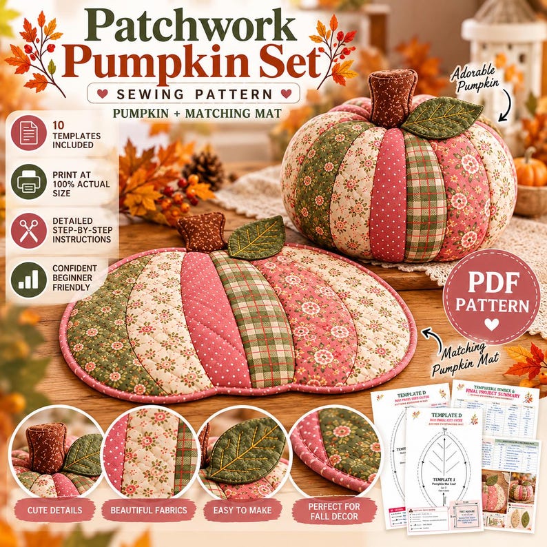 Patchwork pumpa sömnadsmönster PDF, tygpumpamönster, quiltad pumpamatta, höstsömnadsmönster, höstdekorationer för Thanksgiving bild 7
