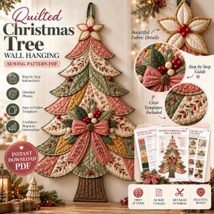 May include: A digital sewing pattern PDF for a quilted Christmas tree wall hanging. The design features layered fabric leaves in muted green, pink, and gold tones, accented with red berries, a fabric bow, and a brown quilted tree trunk base.