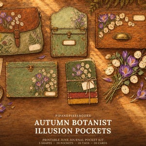 Może przedstawiać: Kolekcja zestawów kieszonek do junk journala do druku pod tytułem Autumn Botanist Illusion Pockets od Pipandpixelbooks. Zestaw zawiera różne zielone i brązowe ilustrowane kieszonki, zawieszki i karty z kwiatami krokusa oraz paprociami.