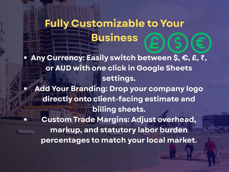 May include: A digital graphic featuring the text Fully Customizable to Your Business with green currency icons for the pound, dollar, and euro. It lists features including currency switching, branding options, and custom trade margin adjustments.