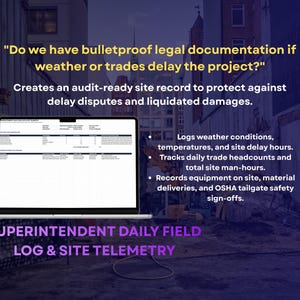 May include: A laptop displaying a digital superintendent daily field log and site telemetry interface. Text reads: Do we have bulletproof legal documentation if weather or trades delay the project? Creates an audit-ready site record to protect against delay disputes and liquidated damages. Logs weather conditions, temperatures, and site delay hours. Tracks daily trade headcounts and total site man-hours. Records equipment on site, material deliveries, and OSHA tailgate safety sign-offs.