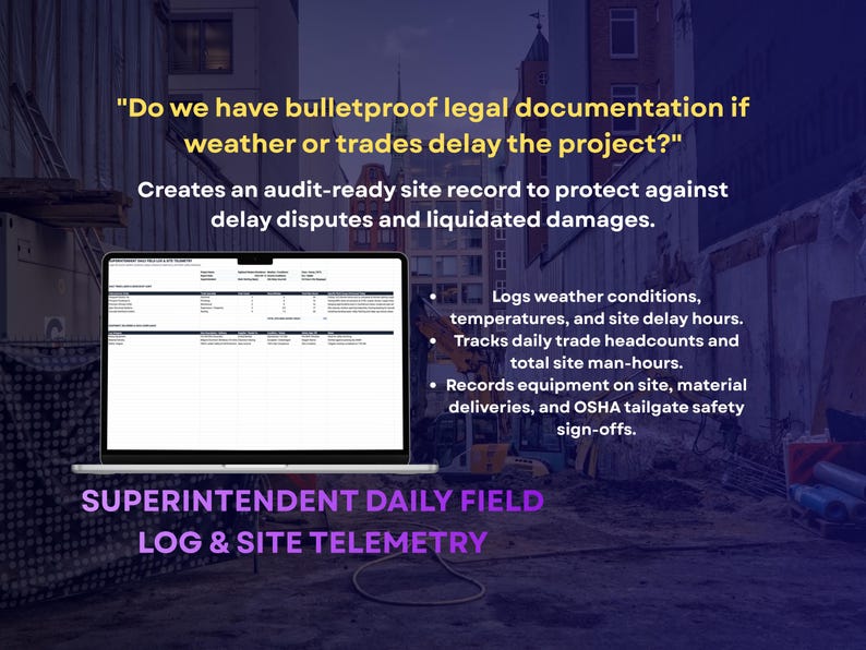 May include: A laptop displaying a digital superintendent daily field log and site telemetry interface. Text reads: Do we have bulletproof legal documentation if weather or trades delay the project? Creates an audit-ready site record to protect against delay disputes and liquidated damages. Logs weather conditions, temperatures, and site delay hours. Tracks daily trade headcounts and total site man-hours. Records equipment on site, material deliveries, and OSHA tailgate safety sign-offs.