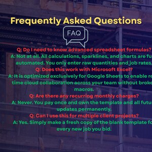 May include: A digital Frequently Asked Questions graphic with yellow text for the title and FAQ icon. The questions are in red text and the answers are in green text, explaining that the template is for Google Sheets, requires no monthly fees, and allows for multiple client projects.