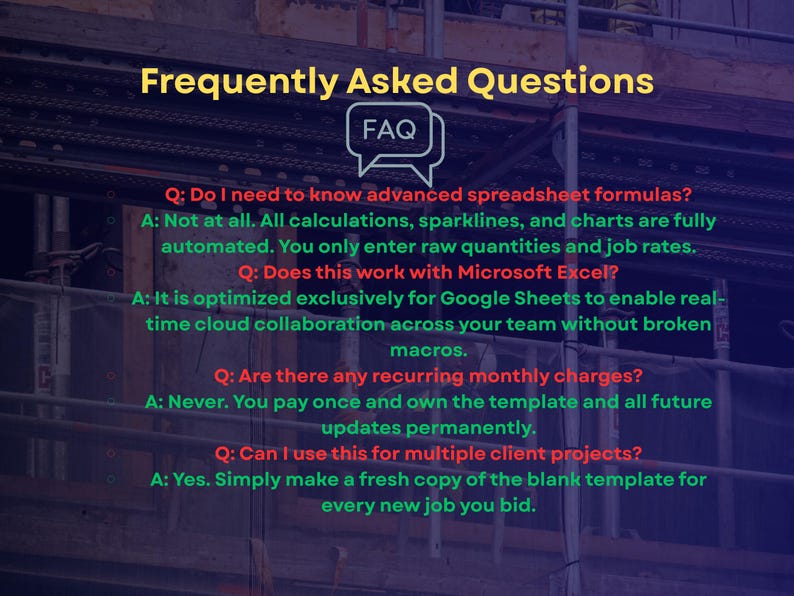May include: A digital Frequently Asked Questions graphic with yellow text for the title and FAQ icon. The questions are in red text and the answers are in green text, explaining that the template is for Google Sheets, requires no monthly fees, and allows for multiple client projects.