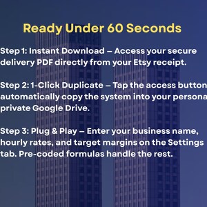 May include: A digital instructional graphic with a dark blue background and yellow text reading Ready Under 60 Seconds. It outlines three steps: Instant Download via Etsy receipt, 1-Click Duplicate to Google Drive, and Plug & Play settings.