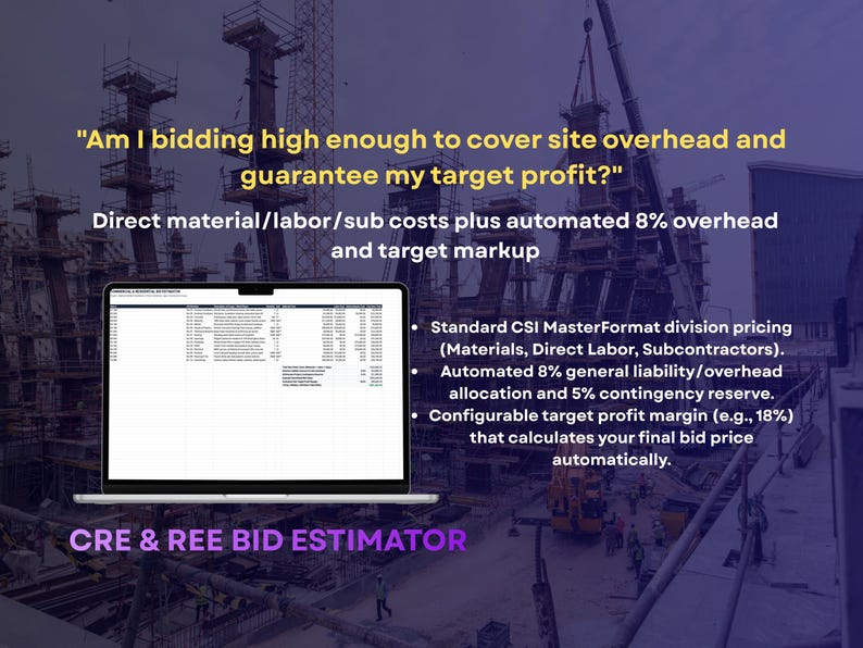 May include: A laptop displaying a spreadsheet titled CRE & REE BID ESTIMATOR against a construction site background. Text includes: Am I bidding high enough to cover site overhead and guarantee my target profit? Direct material/labor/sub costs plus automated 8% overhead and target markup. Standard CSI MasterFormat division pricing, automated 8% general liability/overhead allocation, 5% contingency reserve, and configurable target profit margin.