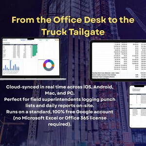 May include: A digital software interface displayed on a laptop, tablet, and smartphone, featuring financial spreadsheets, bar charts, and a pie chart. The text reads: From the Office Desk to the Truck Tailgate, Cloud-synced in real time across iOS, Android, Mac, and PC, and Runs on a standard, 100% free Google account.