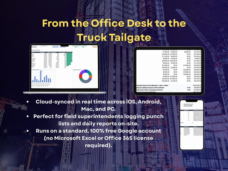 May include: A digital software interface displayed on a laptop, tablet, and smartphone, featuring financial spreadsheets, bar charts, and a pie chart. The text reads: From the Office Desk to the Truck Tailgate, Cloud-synced in real time across iOS, Android, Mac, and PC, and Runs on a standard, 100% free Google account.