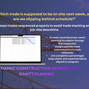 May include: A laptop displaying a 14-week visual Gantt bar matrix for construction project management. Text reads: Which trade is supposed to be on site next week, and are we slipping behind schedule? DYNAMIC CONSTRUCTION SCHEDULE & GANTT PLANNER.