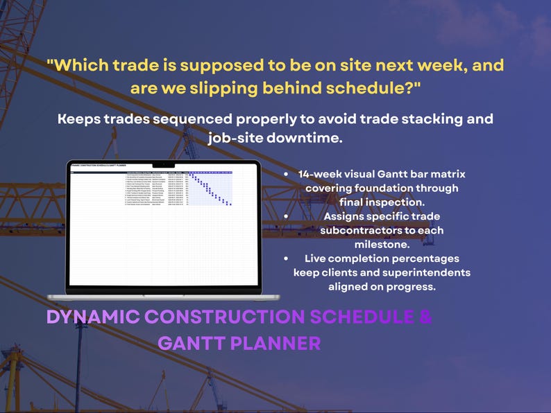 May include: A laptop displaying a 14-week visual Gantt bar matrix for construction project management. Text reads: Which trade is supposed to be on site next week, and are we slipping behind schedule? DYNAMIC CONSTRUCTION SCHEDULE & GANTT PLANNER.