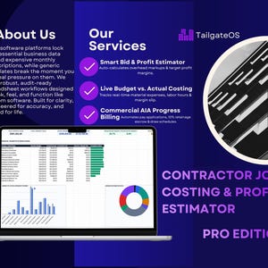 May include: A digital marketing graphic for TailgateOS Contractor Job Costing & Profit Estimator Pro Edition. It features a laptop displaying a financial spreadsheet, a list of services, and a circular black and white architectural image.