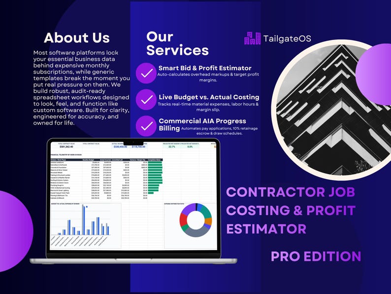 May include: A digital marketing graphic for TailgateOS Contractor Job Costing & Profit Estimator Pro Edition. It features a laptop displaying a financial spreadsheet, a list of services, and a circular black and white architectural image.