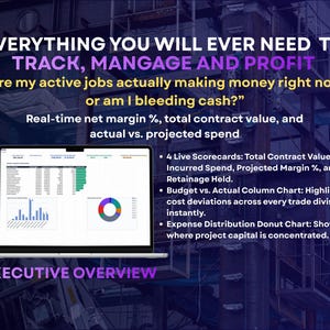 May include: A laptop displaying a financial dashboard with text reading: EVERYTHING YOU WILL EVER NEED TO: TRACK, MANGAGE AND PROFIT. Are my active jobs actually making money right now, or am I bleeding cash? Real-time net margin %, total contract value, and actual vs. projected spend. 4 Live Scorecards, Budget vs. Actual Column Chart, Expense Distribution Donut Chart, and EXECUTIVE OVERVIEW.