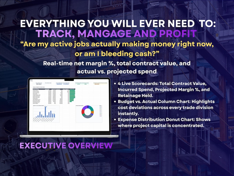 May include: A laptop displaying a financial dashboard with text reading: EVERYTHING YOU WILL EVER NEED TO: TRACK, MANGAGE AND PROFIT. Are my active jobs actually making money right now, or am I bleeding cash? Real-time net margin %, total contract value, and actual vs. projected spend. 4 Live Scorecards, Budget vs. Actual Column Chart, Expense Distribution Donut Chart, and EXECUTIVE OVERVIEW.