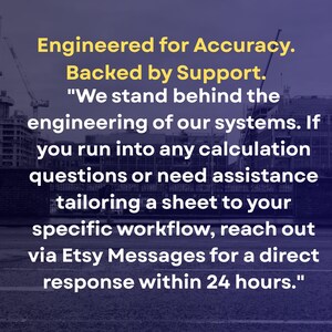 May include: A dark purple graphic featuring the text: Engineered for Accuracy. Backed by Support. We stand behind the engineering of our systems. If you run into any calculation questions or need assistance tailoring a sheet to your specific workflow, reach out via Etsy Messages for a direct response within 24 hours.