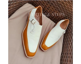 Neue handgefertigte Herren-Monk-Strap-Schuhe aus weißem und gelbem Leder – elegante und formelle Schuhe