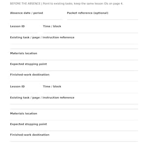 May include: A white document titled Haru's Project Office Teacher to substitute with black text. It includes fields for absence date, packet reference, lesson ID, time, task instructions, materials location, and finished-work destination.