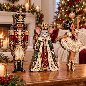 May include: Three decorative wooden figurines featuring a nutcracker in a red and gold uniform, a mouse king wearing a crown and green cloak holding a scepter, and a ballerina in a white and red dress with gold accents, all standing upright.